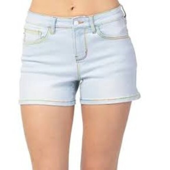 JUDY BLUE Rainbow Thread Mid Rise Light Wash Denim Jean Shorts Womens Large - Picture 1 of 8